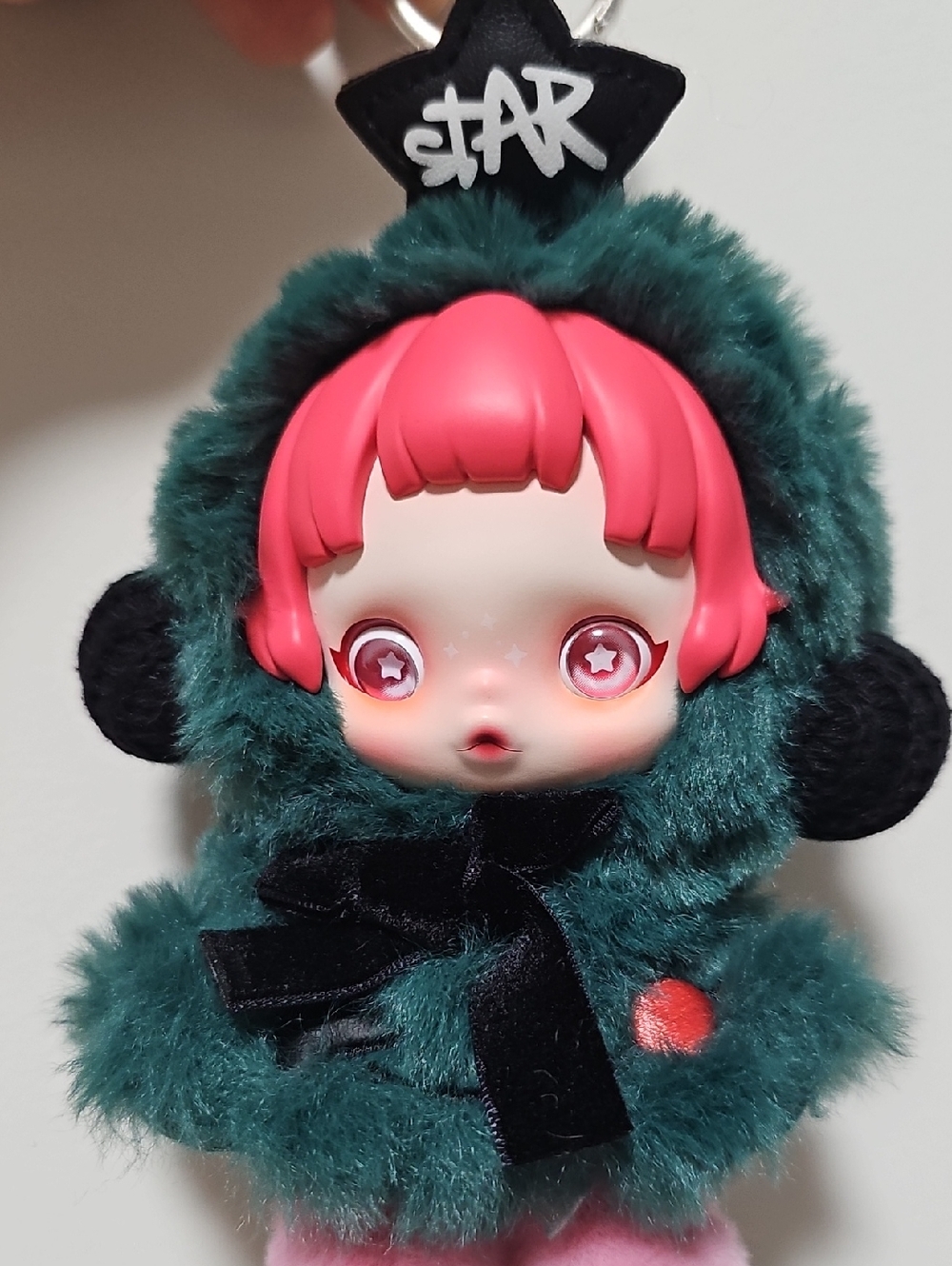 Popmart Plush Green Fuzzy Doll Keychain with Pink Hair